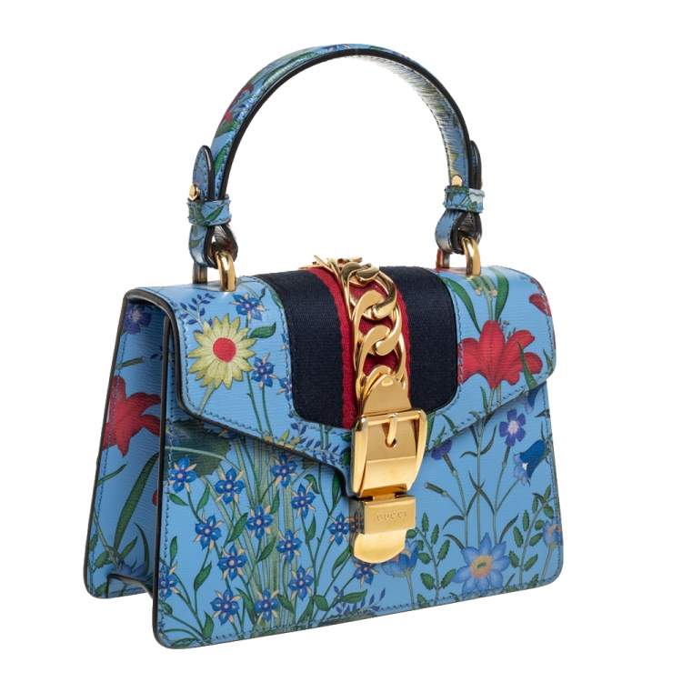 Pre Owned Gucci Blue Floral Print Leather Mini Web Sylvie Top Handle Bag