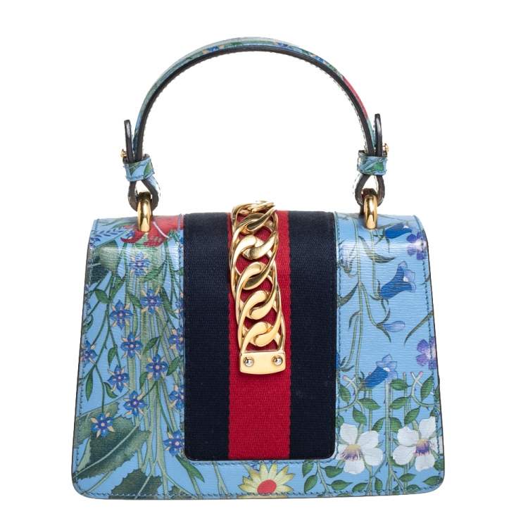 Pre Owned Gucci Blue Floral Print Leather Mini Web Sylvie Top Handle Bag