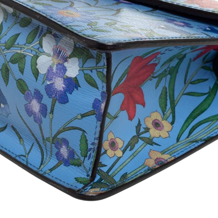 Pre Owned Gucci Blue Floral Print Leather Mini Web Sylvie Top Handle Bag