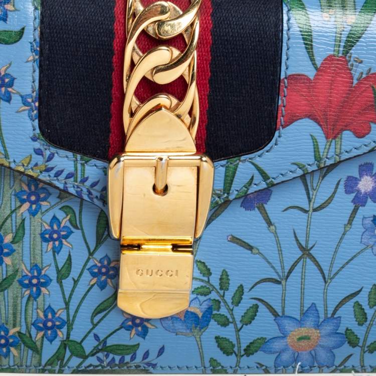 Pre Owned Gucci Blue Floral Print Leather Mini Web Sylvie Top Handle Bag