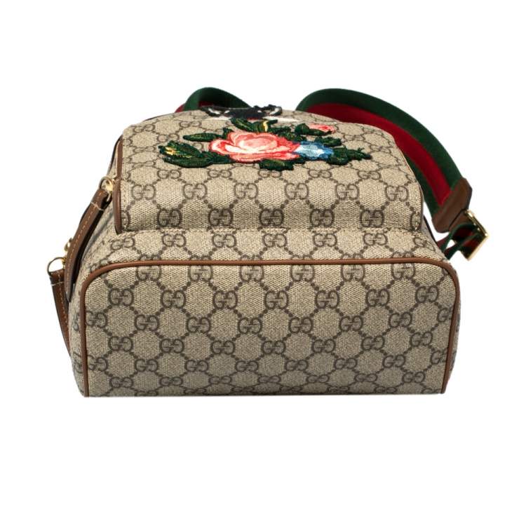 Pre Owned Gucci Beige/Brown Bee Embroidered GG Supreme Canvas and Leather Small Day Backpack