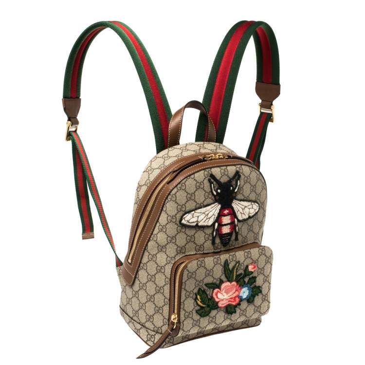 Pre Owned Gucci Beige/Brown Bee Embroidered GG Supreme Canvas and Leather Small Day Backpack