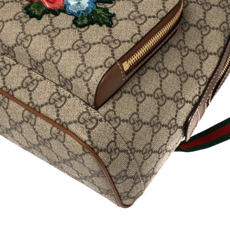 Pre Owned Gucci Beige/Brown Bee Embroidered GG Supreme Canvas and Leather Small Day Backpack
