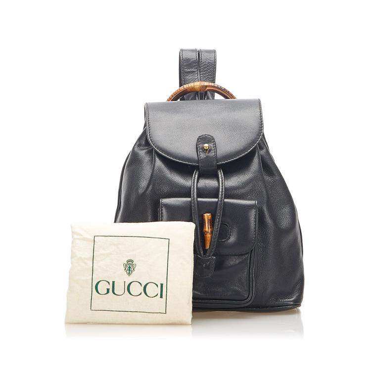 Pre Owned Gucci Black Calf Leather Bamboo Drawstring Backpack