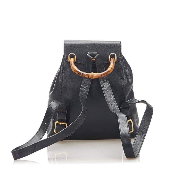 Pre Owned Gucci Black Calf Leather Bamboo Drawstring Backpack