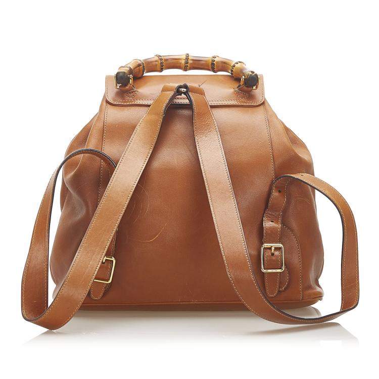 Pre Owned Gucci Brown Calf Leather Bamboo Drawstring Backpack