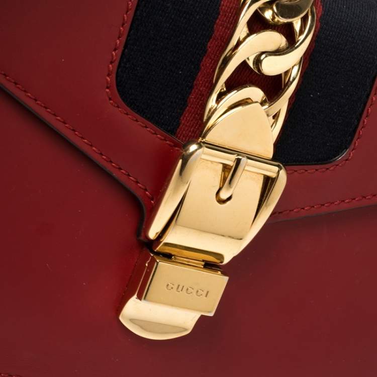 Pre Owned Gucci Red Leather Mini Web Chain Sylvie Top Handle Bag