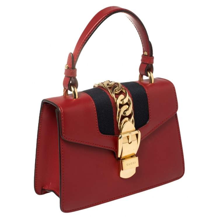 Pre Owned Gucci Red Leather Mini Web Chain Sylvie Top Handle Bag