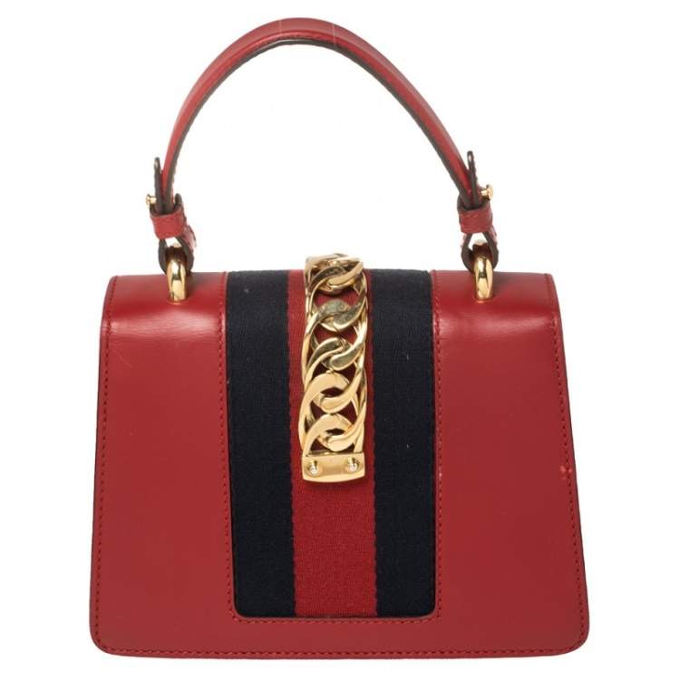 Pre Owned Gucci Red Leather Mini Web Chain Sylvie Top Handle Bag