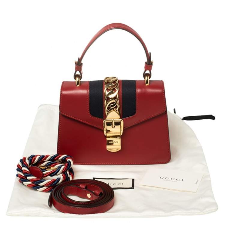 Pre Owned Gucci Red Leather Mini Web Chain Sylvie Top Handle Bag