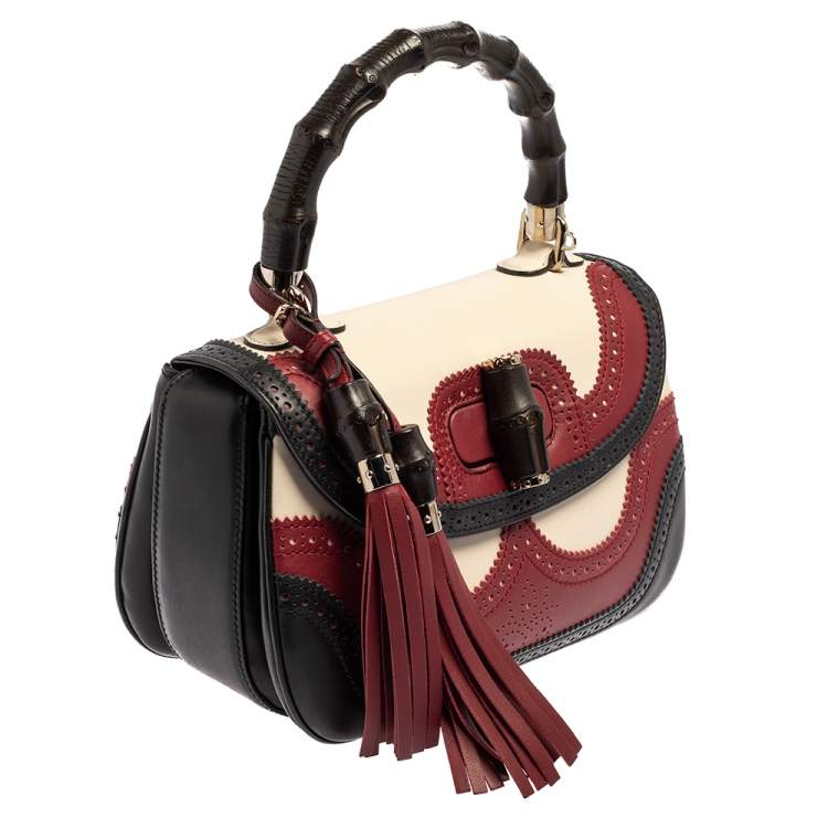 Pre Owned Gucci Tri Color Leather Medium Limited Edition Tassel New Bamboo Top Handle Bag