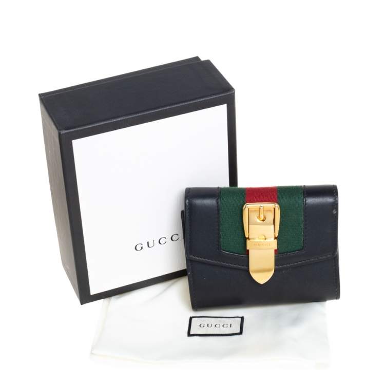 Pre Owned Gucci Black Leather Web Sylvie Trifold Wallet