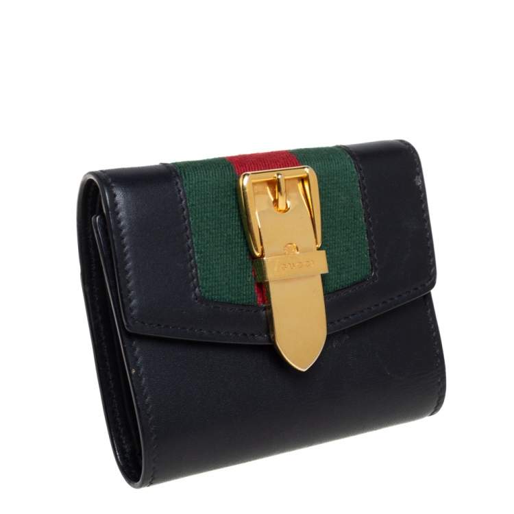 Pre Owned Gucci Black Leather Web Sylvie Trifold Wallet