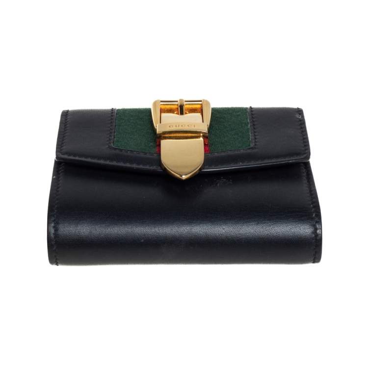 Pre Owned Gucci Black Leather Web Sylvie Trifold Wallet