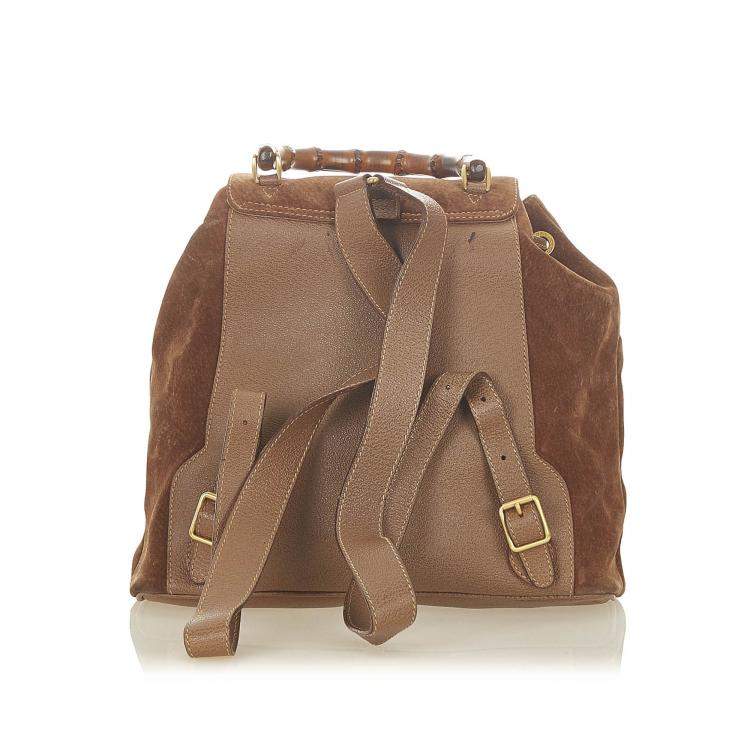 Pre Owned Gucci Brown Suede Bamboo Drawstring Backpack