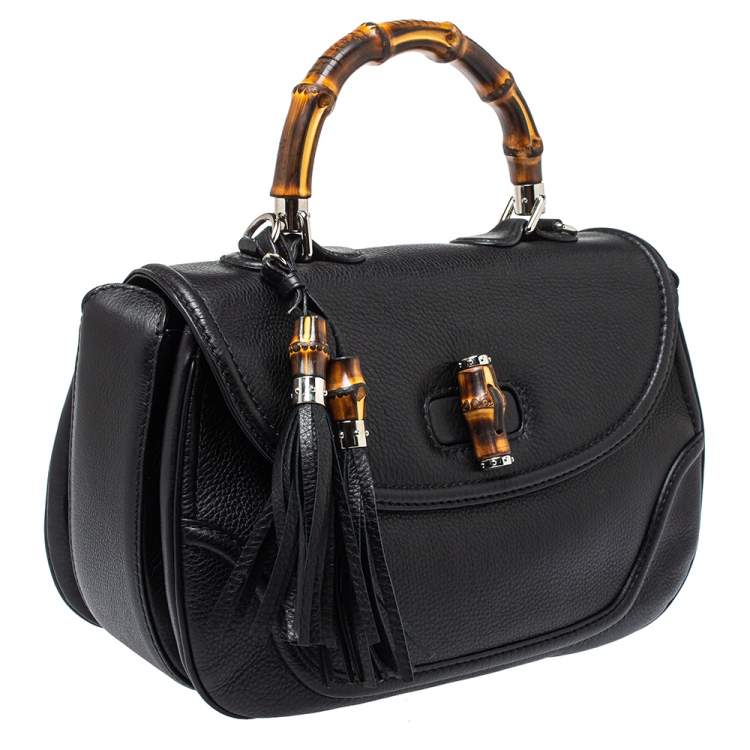 Pre Owned Gucci Black Leather Large New Bamboo Tassel Top Handle Bag