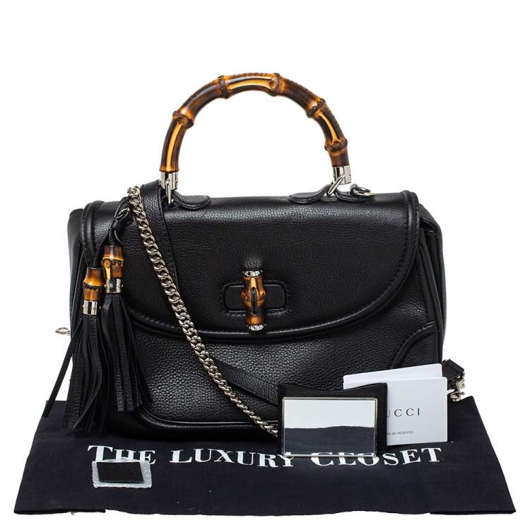 Pre Owned Gucci Black Leather Large New Bamboo Tassel Top Handle Bag