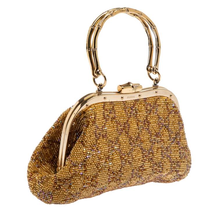 Pre Owned Gucci Metallic Gold GG Beads Small Frame Bag