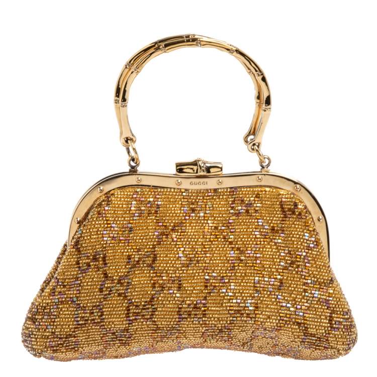 Pre Owned Gucci Metallic Gold GG Beads Small Frame Bag