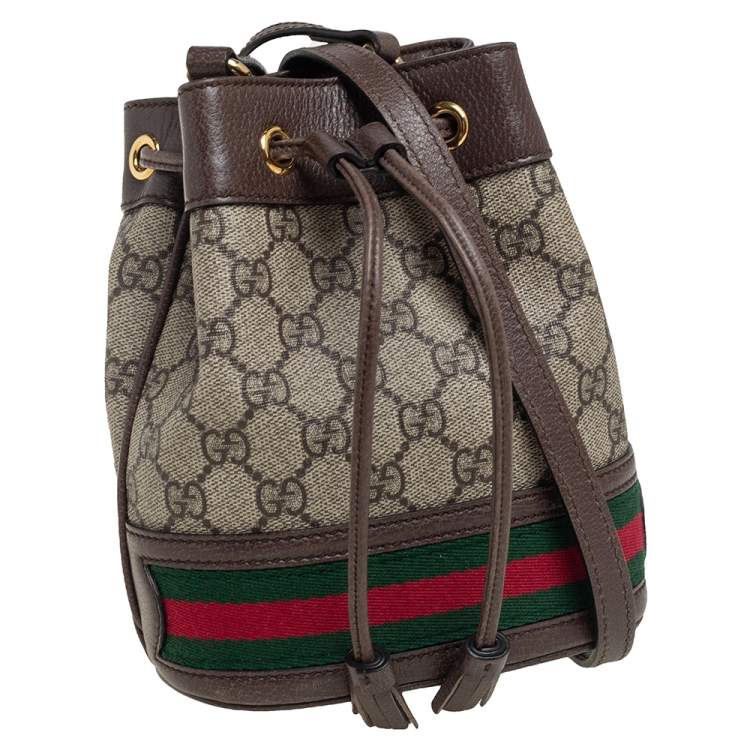 Pre Owned Gucci Beige/Ebony GG Supreme Canvas and Leather Mini Ophidia Bucket Bag 