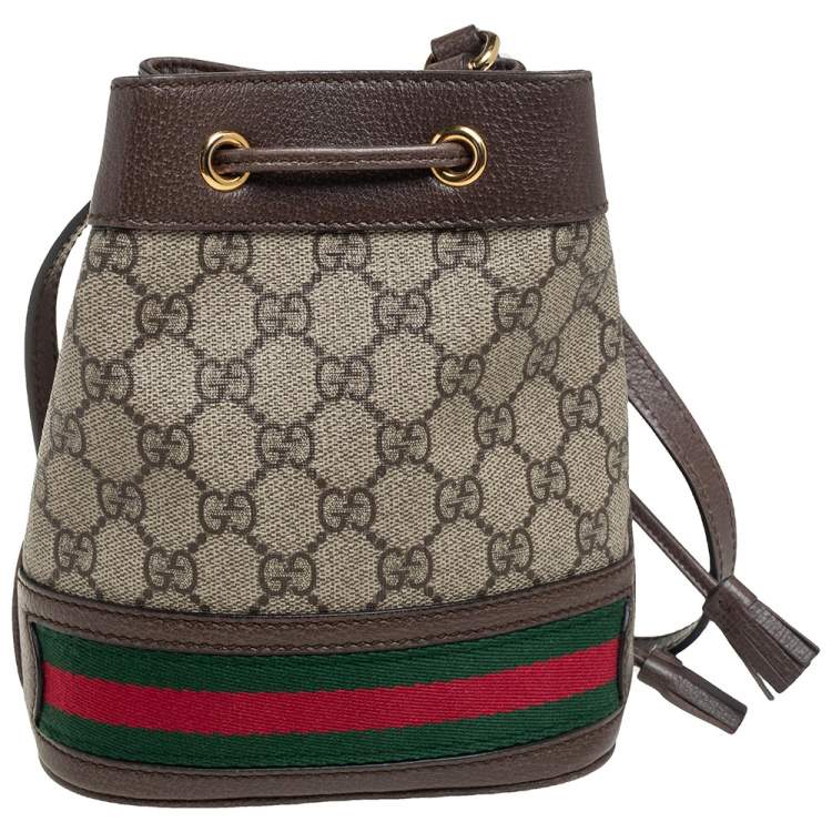 Pre Owned Gucci Beige/Ebony GG Supreme Canvas and Leather Mini Ophidia Bucket Bag 