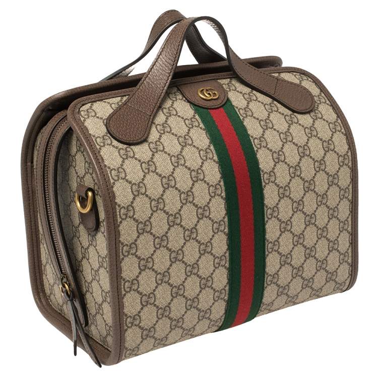 Pre Owned Gucci Beige/Ebony GG Supreme Canvas and Leather Ophidia Boston Bag