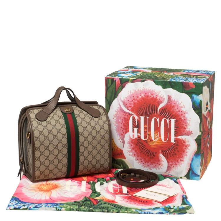 Pre Owned Gucci Beige/Ebony GG Supreme Canvas and Leather Ophidia Boston Bag
