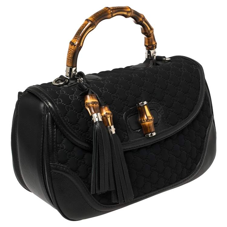 Pre Owned Gucci Black GG Neoprene and Leather Large New Bamboo Tassel Top Handle Bag