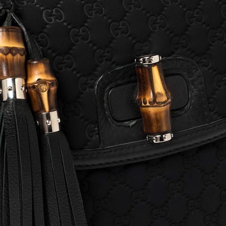 Pre Owned Gucci Black GG Neoprene and Leather Large New Bamboo Tassel Top Handle Bag