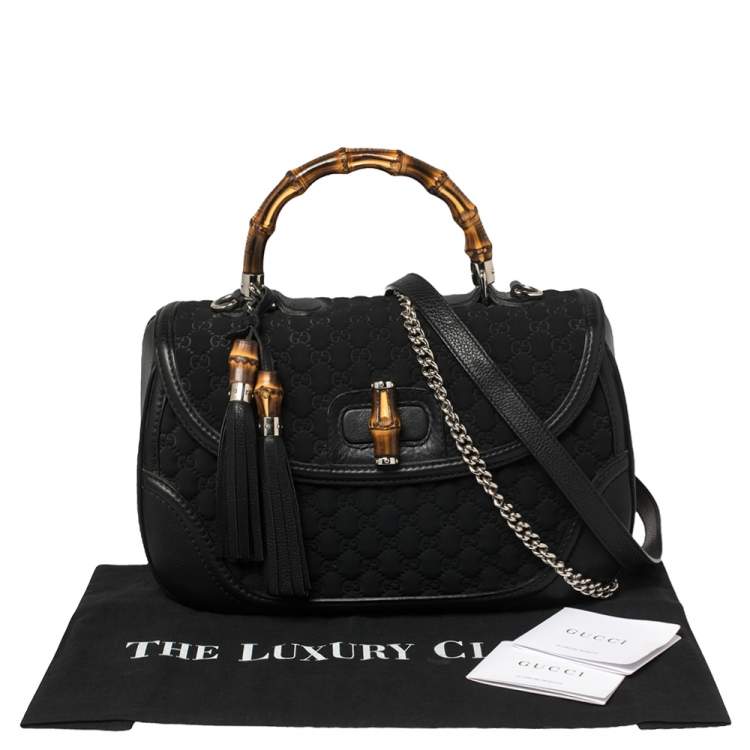 Pre Owned Gucci Black GG Neoprene and Leather Large New Bamboo Tassel Top Handle Bag