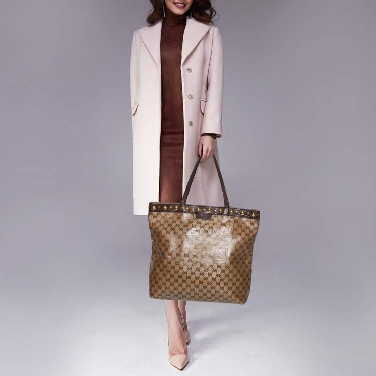 Pre Owned Gucci Beige/Ebony GG Crystal and Leather Large Babouska Vertical Shopping Tote