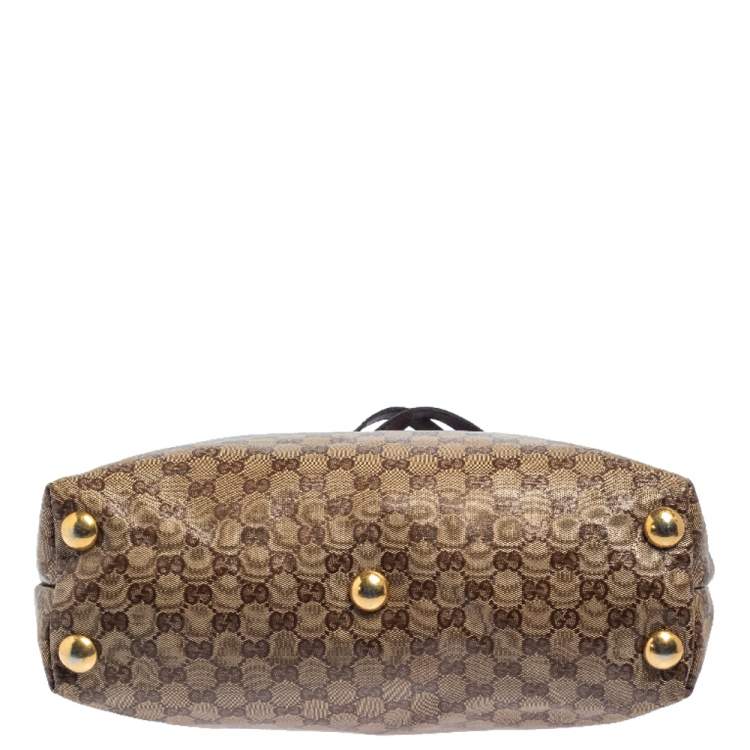 Pre Owned Gucci Beige/Ebony GG Crystal and Leather Large Babouska Vertical Shopping Tote