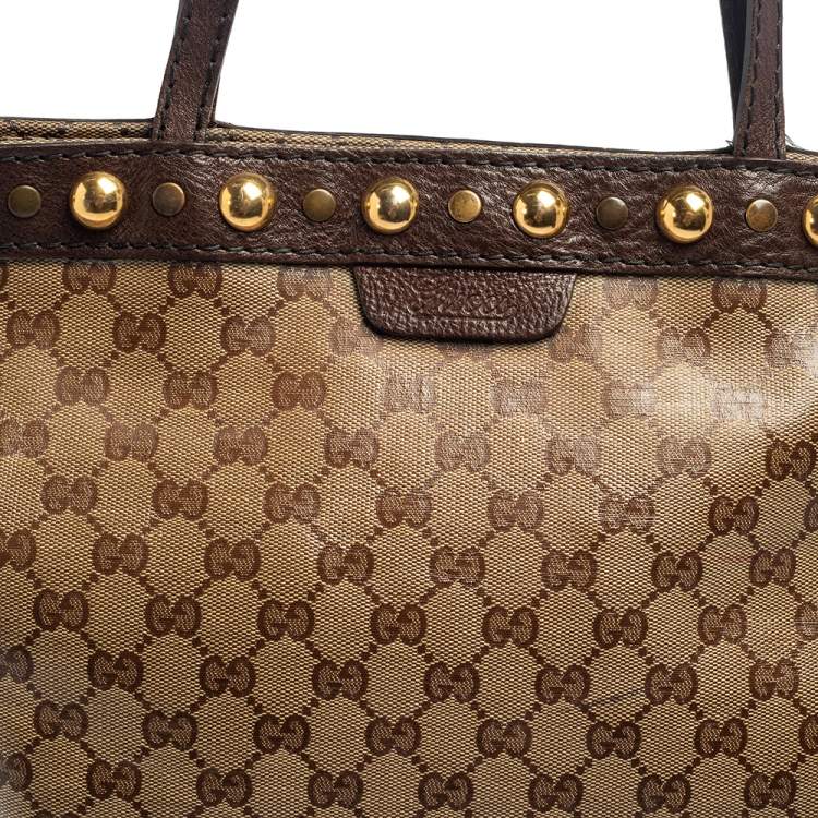 Pre Owned Gucci Beige/Ebony GG Crystal and Leather Large Babouska Vertical Shopping Tote