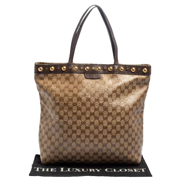 Pre Owned Gucci Beige/Ebony GG Crystal and Leather Large Babouska Vertical Shopping Tote