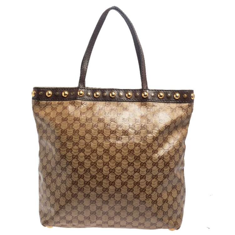 Pre Owned Gucci Beige/Ebony GG Crystal and Leather Large Babouska Vertical Shopping Tote
