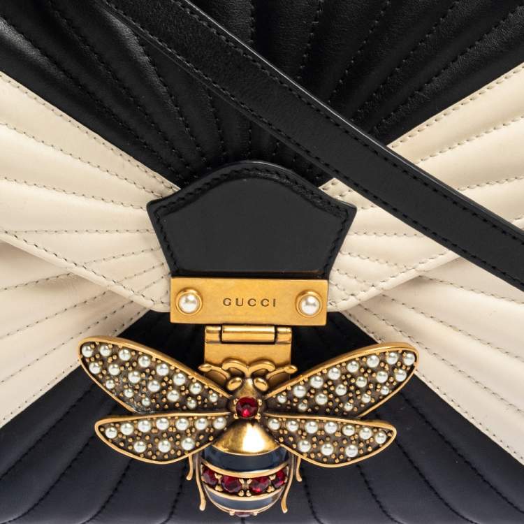 Pre Owned Gucci Black/White Quilted Leather Medium Queen Margaret Bamboo Top Handle Bag