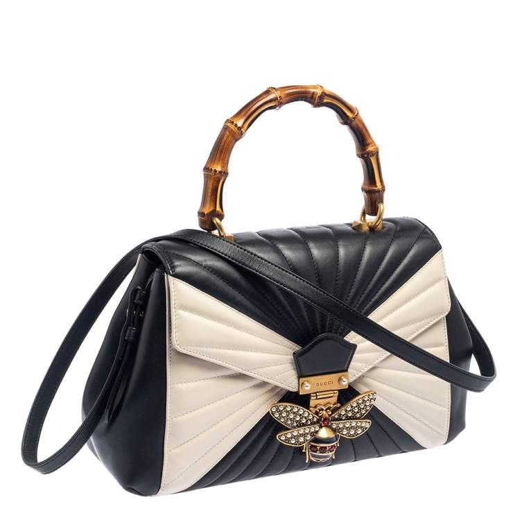 Pre Owned Gucci Black/White Quilted Leather Medium Queen Margaret Bamboo Top Handle Bag