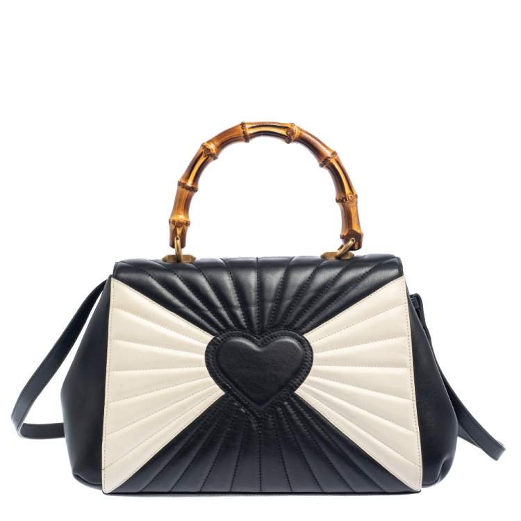Pre Owned Gucci Black/White Quilted Leather Medium Queen Margaret Bamboo Top Handle Bag