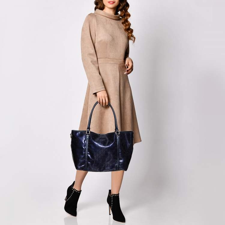 Pre Owned Gucci Blue GG Imprime Canvas and Leather Medium Joy Shopper Tote