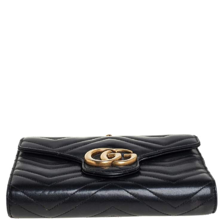 Pre Owned Gucci Black Matelassé Leather GG Marmont Wallet On Chain