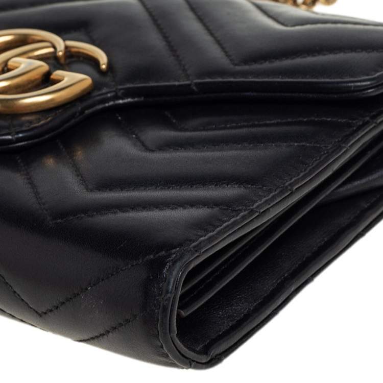 Pre Owned Gucci Black Matelassé Leather GG Marmont Wallet On Chain