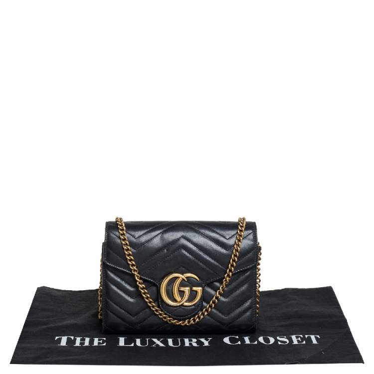 Pre Owned Gucci Black Matelassé Leather GG Marmont Wallet On Chain