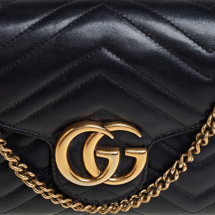 Pre Owned Gucci Black Matelassé Leather GG Marmont Wallet On Chain