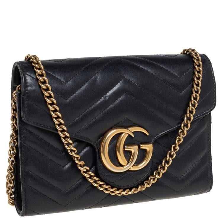 Pre Owned Gucci Black Matelassé Leather GG Marmont Wallet On Chain