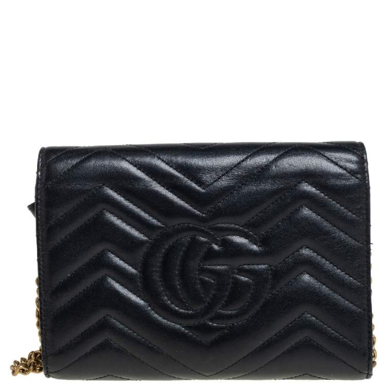 Pre Owned Gucci Black Matelassé Leather GG Marmont Wallet On Chain