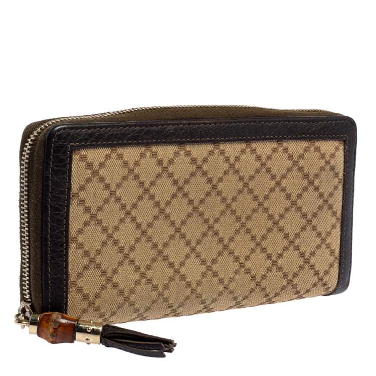 Pre Owned Gucci Beige/Brown Diamante Canvas and Leather Bamboo Tassel Zip Around Wallet