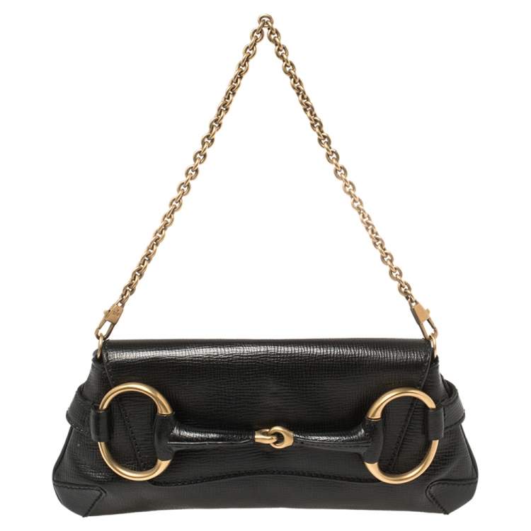 Gucci Gucci Horsebit Black Leather Rose Gold Hardware Shoulder Clutch