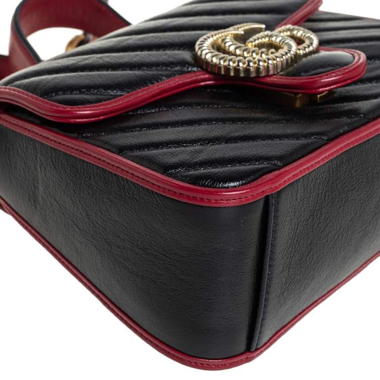 Pre Owned Gucci Black Diagonal Quilt Leather Mini GG Marmont Top Handle Bag
