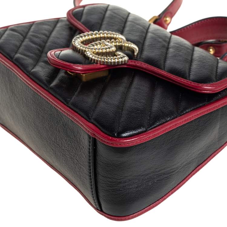 Pre Owned Gucci Black Diagonal Quilt Leather Mini GG Marmont Top Handle Bag