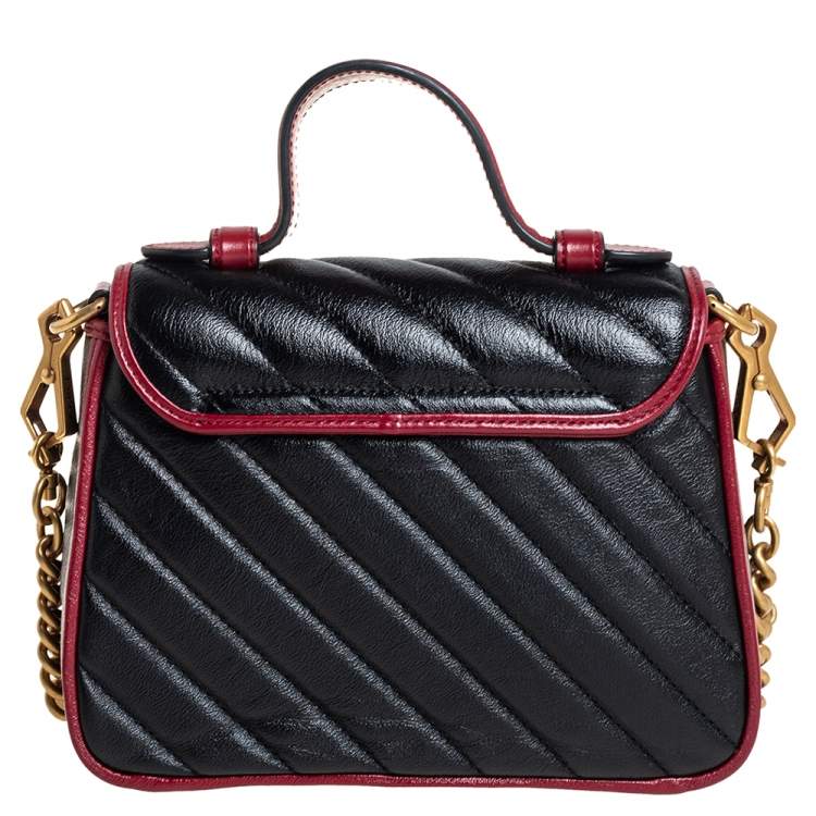 Pre Owned Gucci Black Diagonal Quilt Leather Mini GG Marmont Top Handle Bag